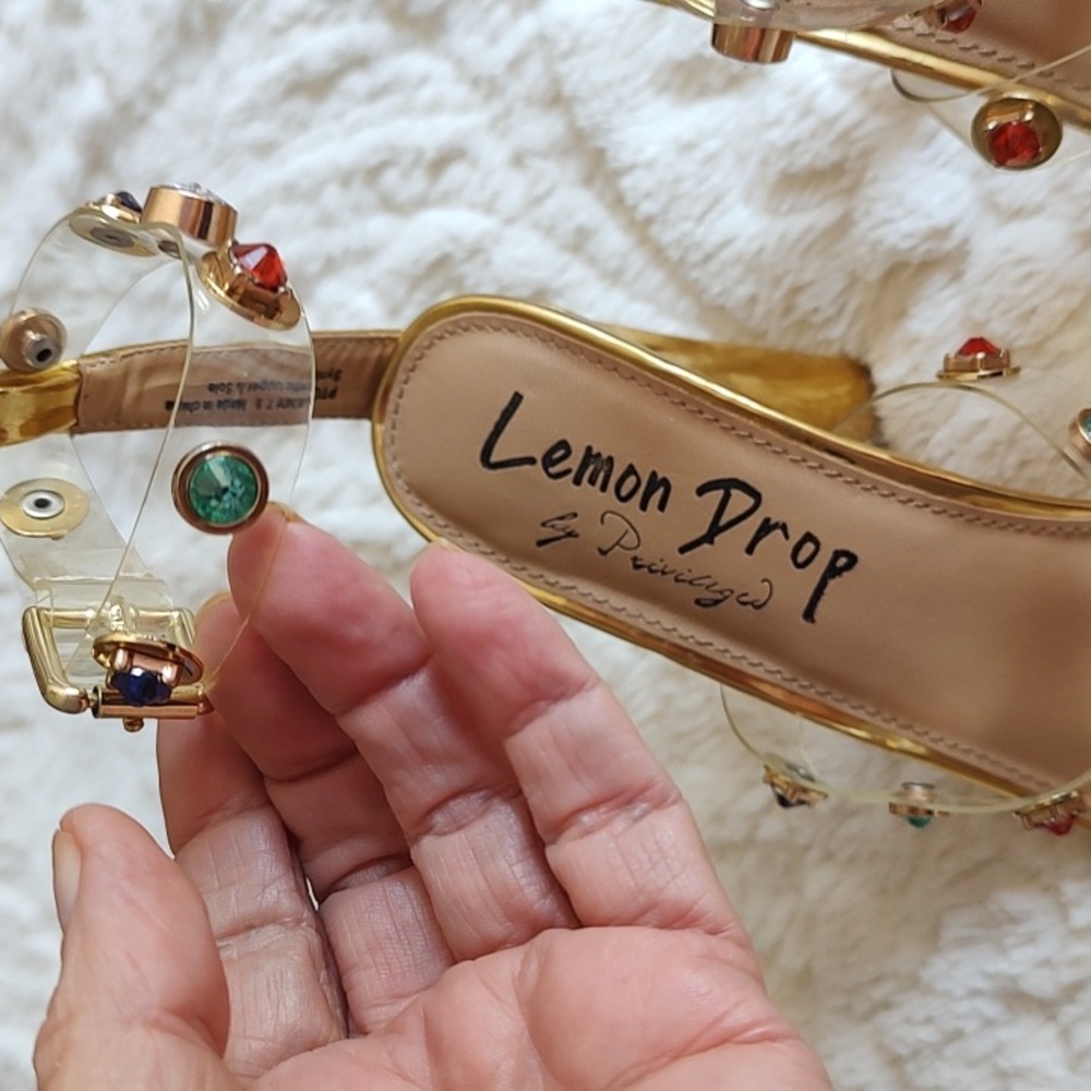 Dainty Minimal Gold Heels With Colorful Stones On Straps - Picture 7 of 14